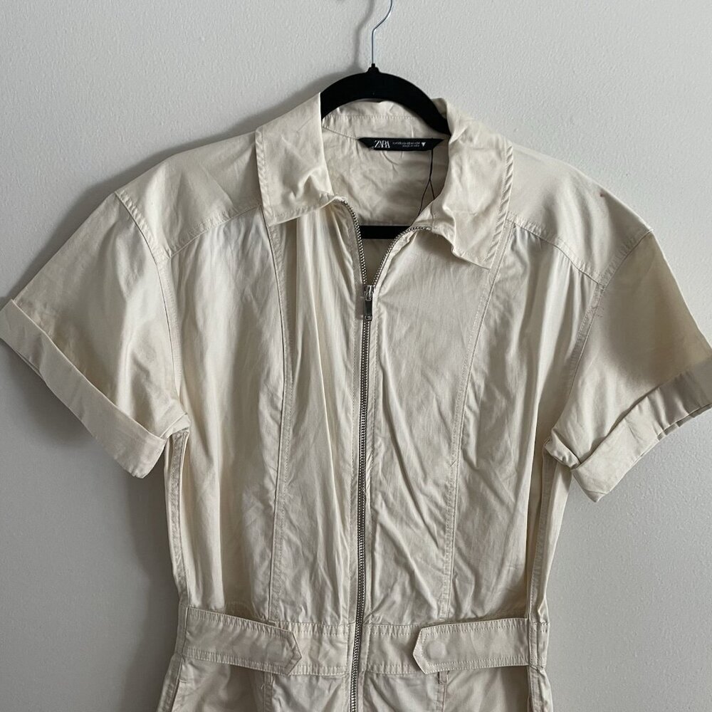 Zara Women XS Beige Cotton Relaxed Short Sleeve Wide Leg Cargo Jumpsuit NWOT - Picture 7 of 13